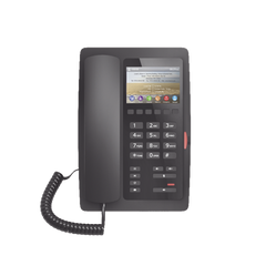 Teléfono IP Hotelero / Pantalla LCD Color 3.5" / 2 Líneas SIP / 6 Teclas Programables Hotline / Puerto USB Carga / PoE 802.3af / Personalizable con Logo Hotel
