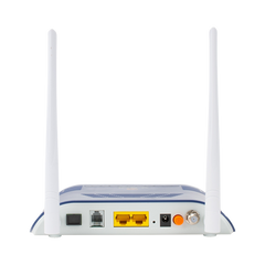 ONU Dual GPON/EPON con Wi-Fi en 2.4 GHz + 1 puerto SC/APC + 1 puerto LAN Gigabit + 1 puerto LAN Fast Ethernet + 1 puerto FXS + 1 puerto CATV, hasta 300 Mbps vía inalámbrico