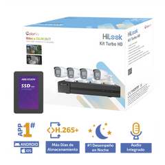 Kit TurboHD 1080p + SSD 500 GB / DVR 4 Canales / 4 Cámaras Bala ColorVu con Micrófono Integrado / Fuente de Poder / Accesorios de Instalación