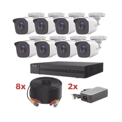 Kit TurboHD / DVR 8 Canales 1080p Lite / 8 Cámaras bala 1080p metalicas / 8 cables de 20 metros / 2 fuentes de 4 canales