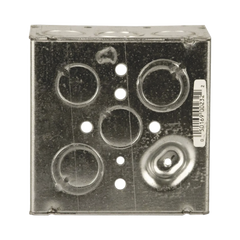 Caja Cuadrada Galvanizada  de 4" x 4", profundidad de 2 1/8". Cuenta con 10 KO de 1/2" y 6 TKO (1/2" - 3/4"))