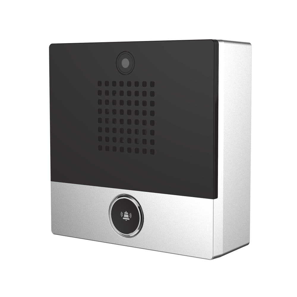 Mini video Intercomunicador para hotelería y hospitales, con diseño elegante, PoE, cámara 1Mpx, 1 botón, 1 relevador integrado de salida y entrada.