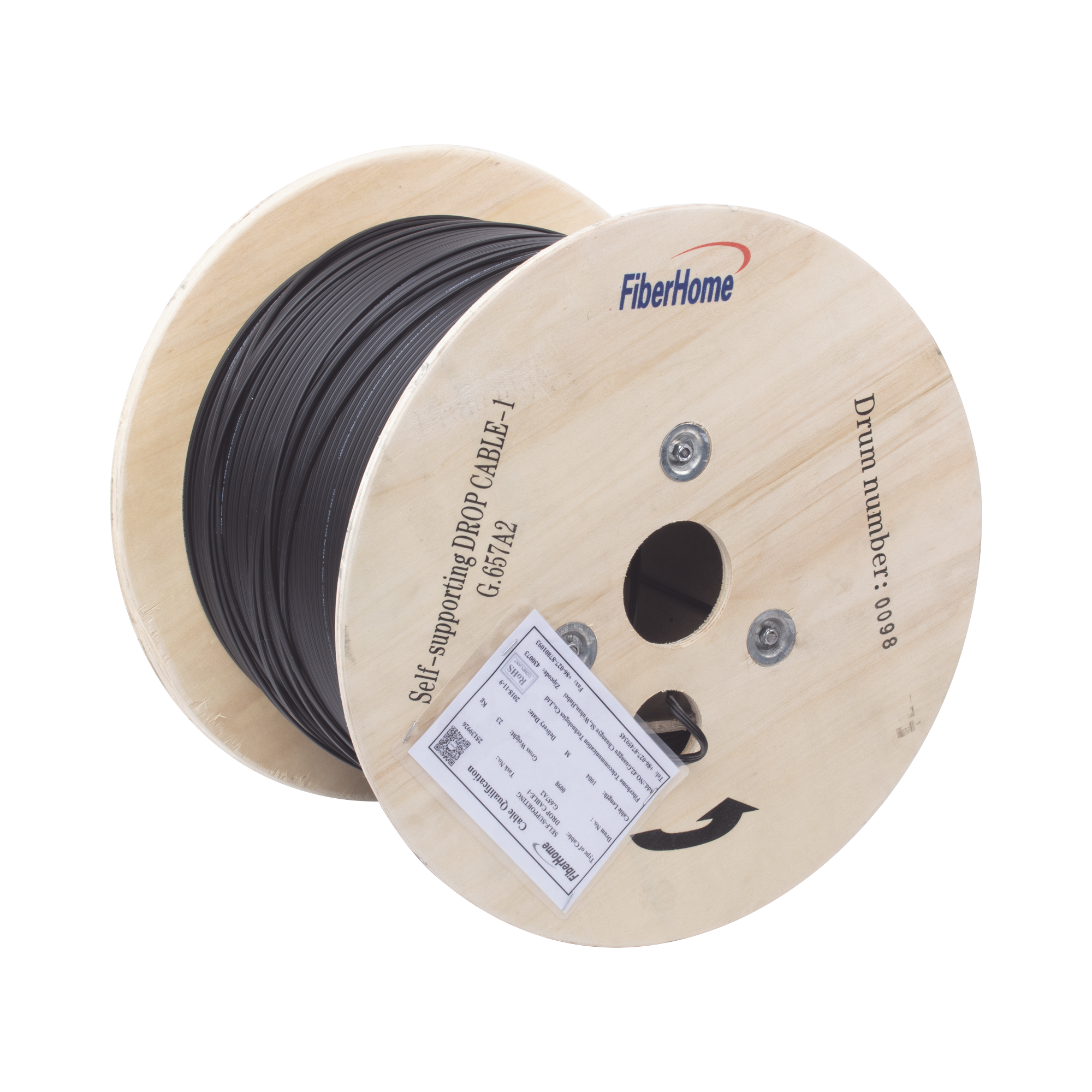 Carrete de 1 km de Fibra Óptica Aérea Mini Figura 8 G.657A2 Tipo Drop, Monomodo de 1 Hilo (Unifibra), Color Negro, Span 80
