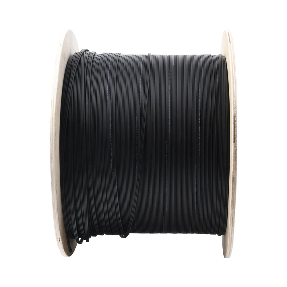 Carrete de 1 km de Fibra Óptica Aérea Mini Figura 8 G.657A2 Tipo Drop, Monomodo de 2 Hilos (Bifibra), Diseñada para Fusionarse, Color Negro, Span 80, (No Soporta Conectores Mecánicos)