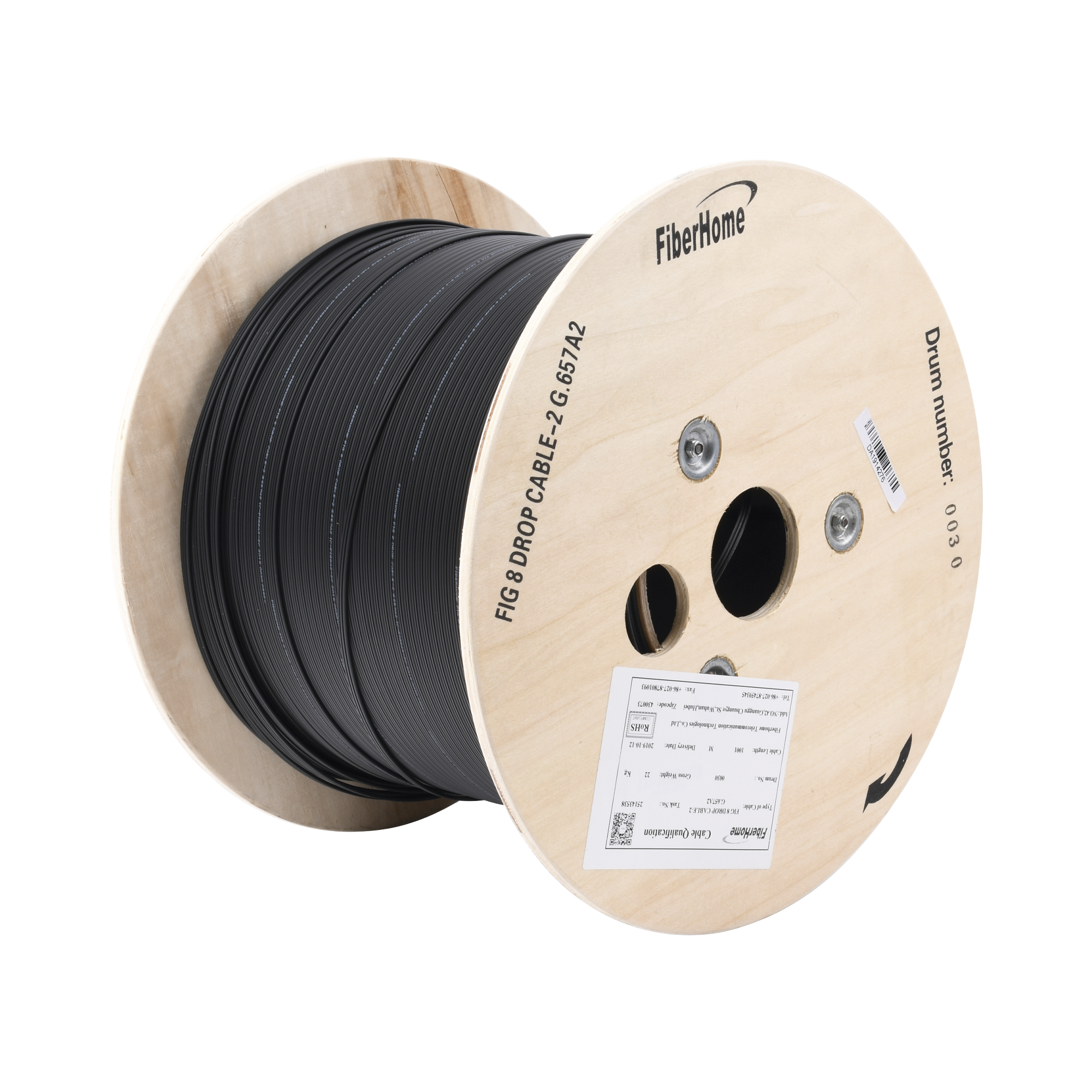 Carrete de 1 km de Fibra Óptica Aérea Mini Figura 8 G.657A2 Tipo Drop, Monomodo de 2 Hilos (Bifibra), Diseñada para Fusionarse, Color Negro, Span 80, (No Soporta Conectores Mecánicos)