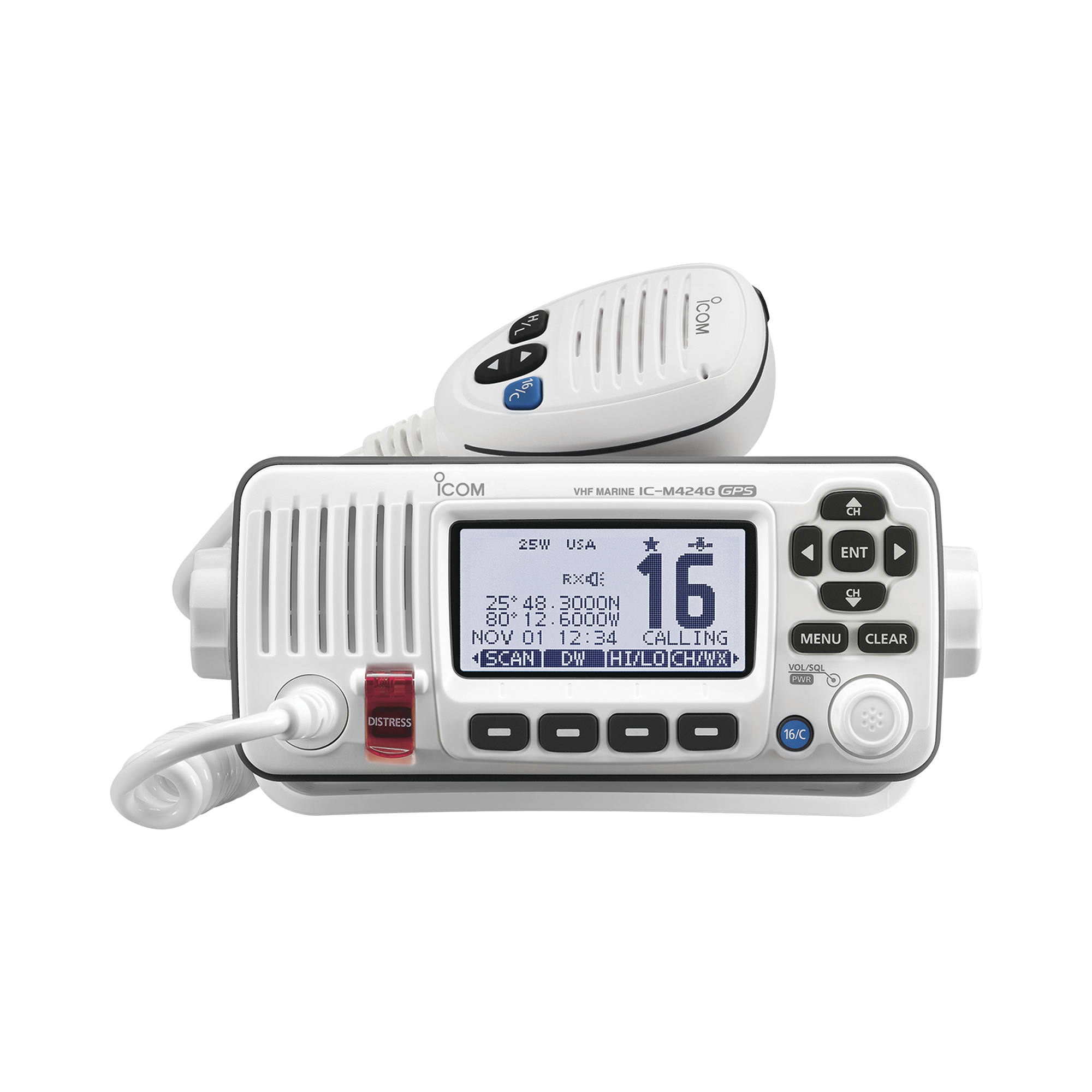 Radio Móvil Marino, color blanco, 25W, Tx:156.025-157.425MHz, Rx:156.050-163.275MHz, con GPS interconstruido, pantalla de matriz de puntos de fondo blanco, capacidad de llamada selectiva DSC, canales CAN,USA,INT incluye microfono, cable de alim..