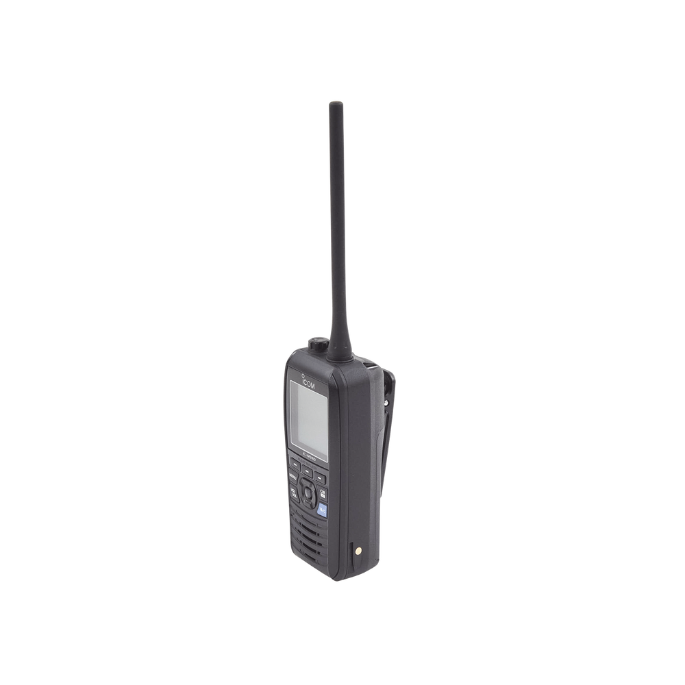 Radio portátil marino flotante con receptor AIS y GPS incluido, Tx: 156.025-157.425 MHz Rx: 156.050-163.275 MHz, opera en canales INT, USA, CAN, WX, Incluye antena, batería, cargador, cable de encendedor y clip.