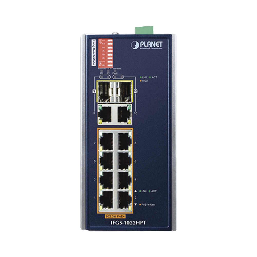 Switch Industrial PoE no administrable de 8 Puertos 10/100TX 802.3at,  Hasta 240 W, Combo TP / SFP Gigabit TP / SFP  (-40 ~ 75 grados C)