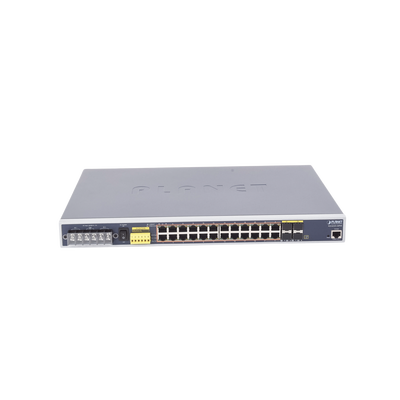 Switch PoE Industrial Capa 3, Con 24 Puertos PoE Gigabit  802.3af/at, 4 Puertos SFP Compartidos 100 / 1000X, Soporta temperaturas extremas de -40 ~ 75°C