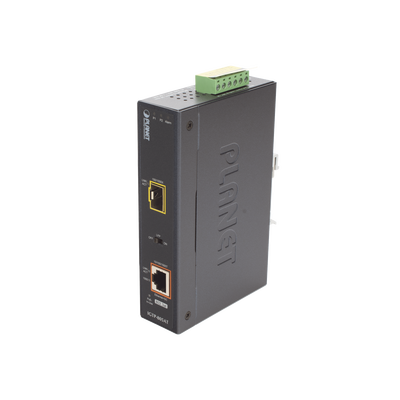 Convertidor de Medios PoE Industrial, Puerto SFP 1000BASE-SX/LX a Puerto RJ45 Gigabit con Salida PoE 802.3at (Hasta 30 W).