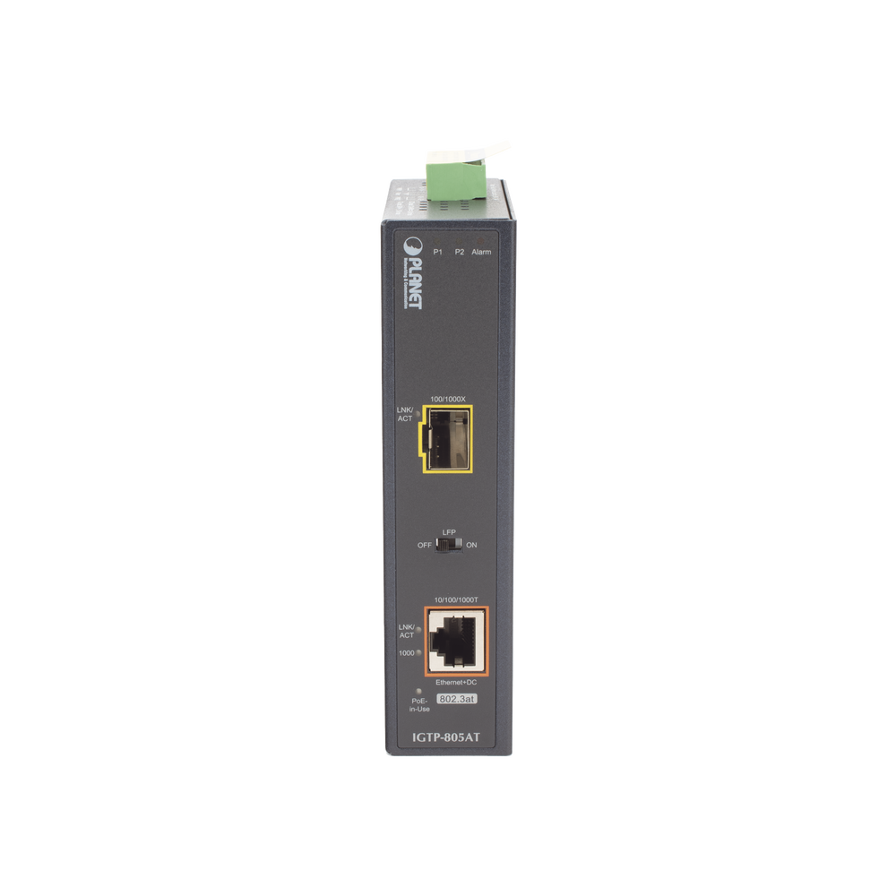 Convertidor de Medios PoE Industrial, Puerto SFP 1000BASE-SX/LX a Puerto RJ45 Gigabit con Salida PoE 802.3at (Hasta 30 W).