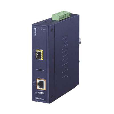 Convertidor de Medios PoE Industrial, Puerto SFP 1000BASE-SX/LX a Puerto RJ45 Gigabit con Salida PoE 802.3at (Hasta 30 W).