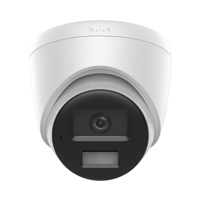 [Dual Light] Turret IP de 2 Megapixel   / Lente 2.8 mm /  Ángulo de visión 101° / 20 mts IR + 15 mts Luz Blanca / Micrófono Integrado / ACUSENSE Lite /  Exterior IP67 / PoE / dWDR / H.265+ / ONVIF