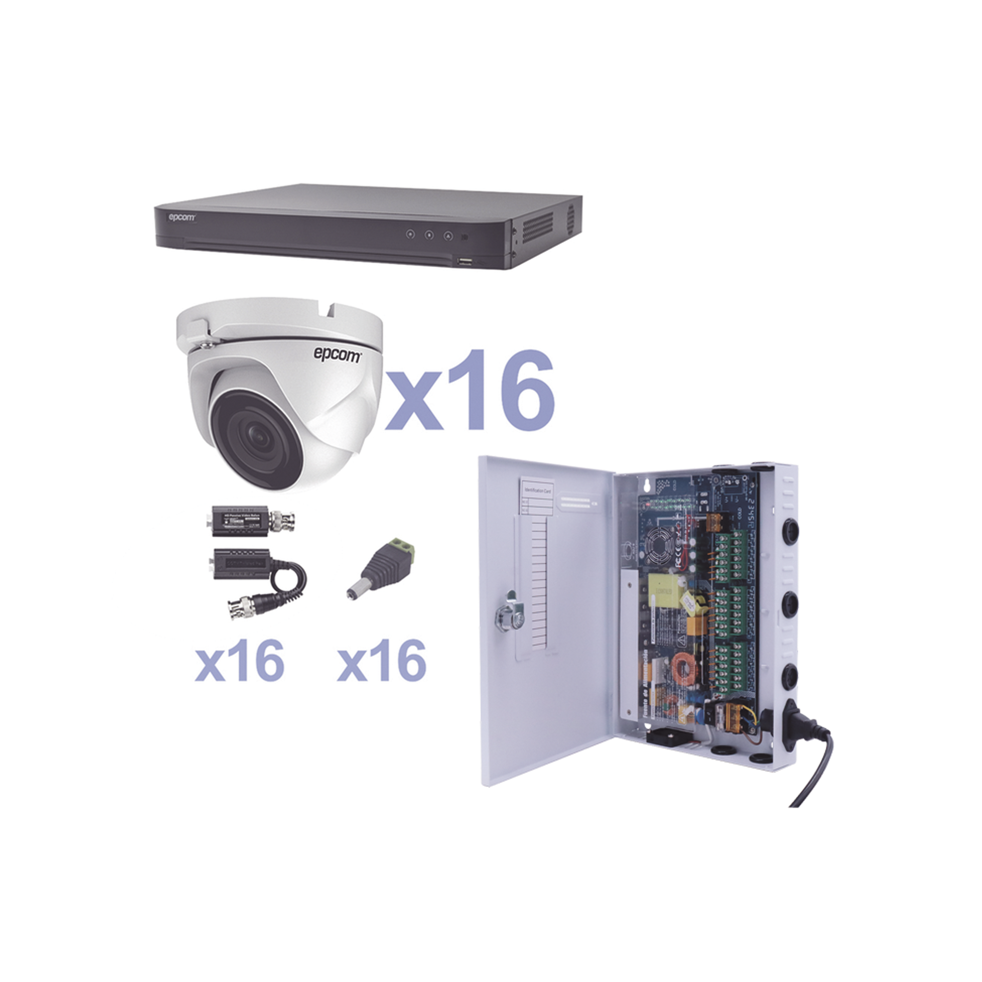 KIT TurboHD 1080p / DVR 16 Canales / 16 Cámaras Eyeball (exterior 2.8 mm) / Transceptores / Conectores / Fuente de Poder Profesional