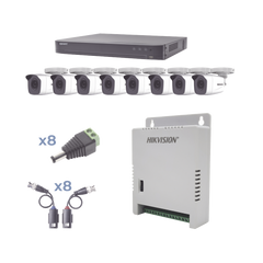 KIT TurboHD 1080p / DVR 8 Canales / 8 Cámaras Bala (exterior 2.8 mm) / Transceptores / Conectores / Fuente de Poder Profesional hasta 15 Vcc para Larga Distancias
