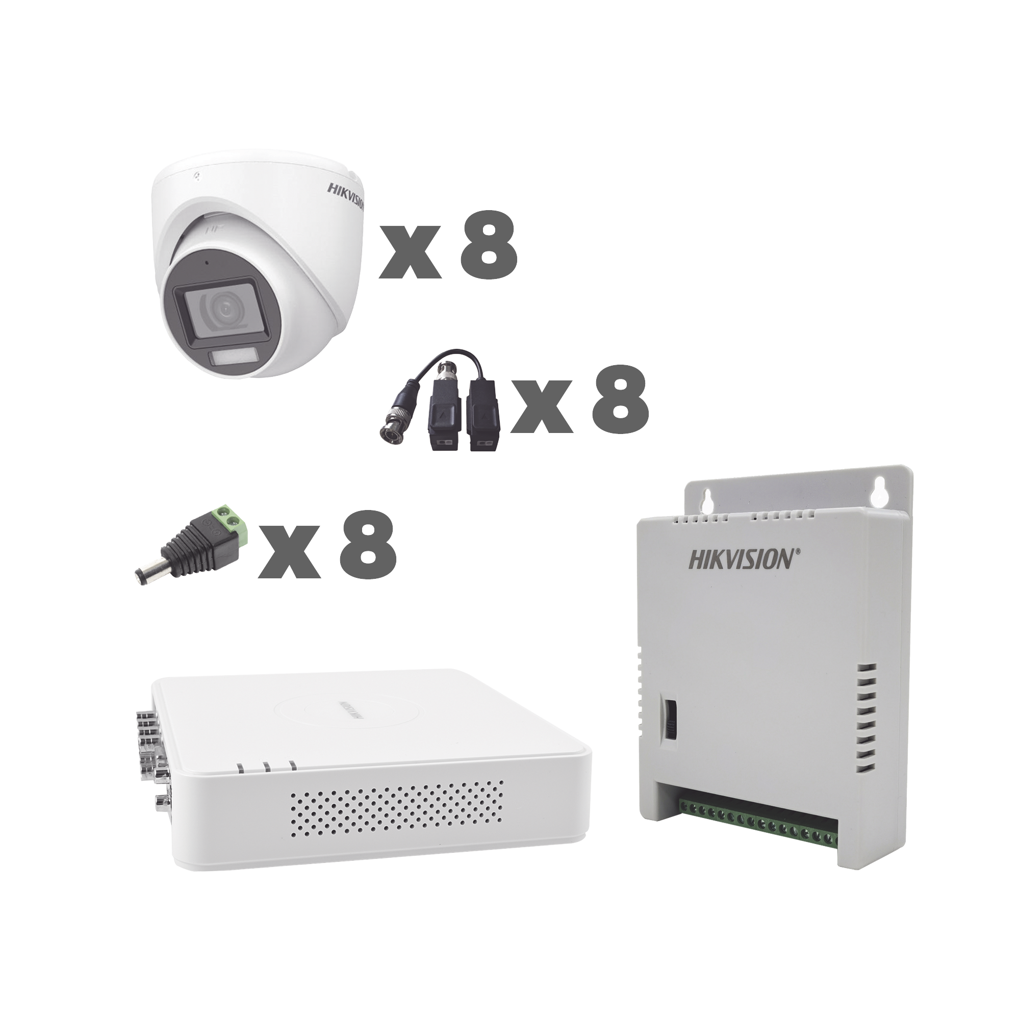 KIT TurboHD 1080p / DVR 8 Canales con audio por coaxitron / 8 Cámaras con Micrófono Integrado 101° Visión/  luz blanca + IR visión nocturna  / Transceptores / Conectores / Fuente de Poder Profesional