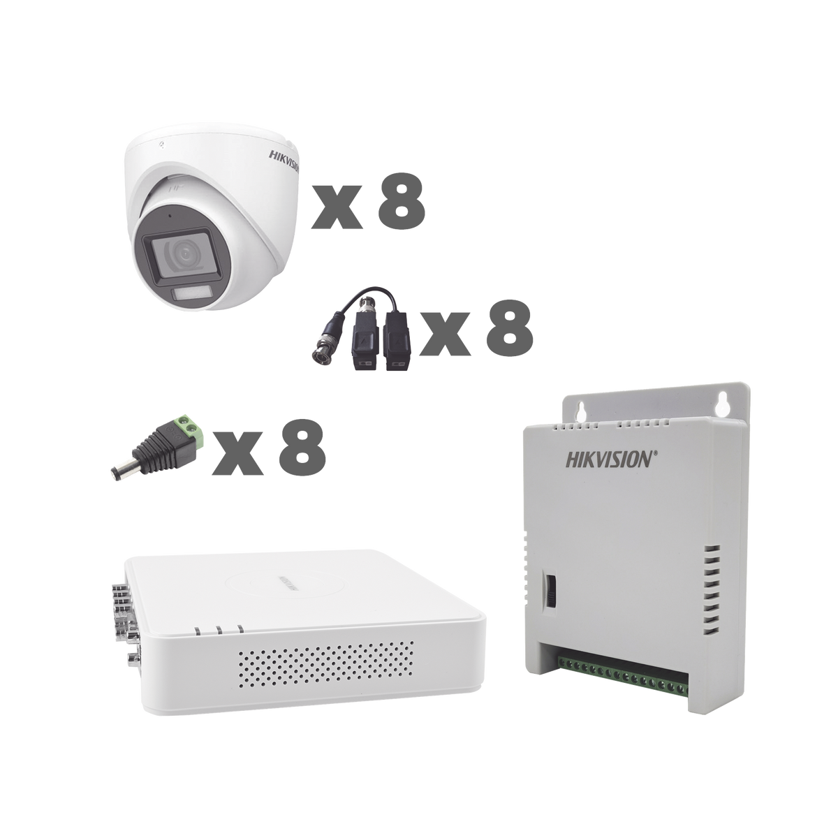 KIT TurboHD 1080p / DVR 8 Canales con audio por coaxitron / 8 Cámaras con Micrófono Integrado 101° Visión/  luz blanca + IR visión nocturna  / Transceptores / Conectores / Fuente de Poder Profesional