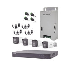 Kit Audio Bidireccional TurboHD 4K-3K / DVR 4 Canales 4K / 4 Cámaras Bala (Exterior) con Bocina y Microfóno Integrado 3K / 1 Fuentes de Poder / Accesorios