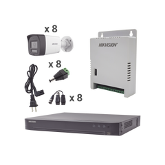 Kit Audio Bidireccional TurboHD 4K-3K / DVR 8 Canales 4K / 8 Cámaras Bala (Exterior) con Bocina y Microfóno Integrado 3K / 1 Fuentes de Poder / Accesorios