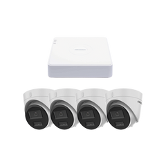 Kit IP 1080p (2 Megapixel) / NVR de 4 Canales con 4 Puertos PoE / 4 Cámaras IP Turret con Micrófono Integrado / ColorVu y ACUSENSE Lite