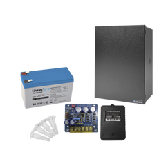 Kit con fuente PLB3 con salida de 12 Vcc a 4 Amper, incluye transformador y batería de 12 V a 7 Amper