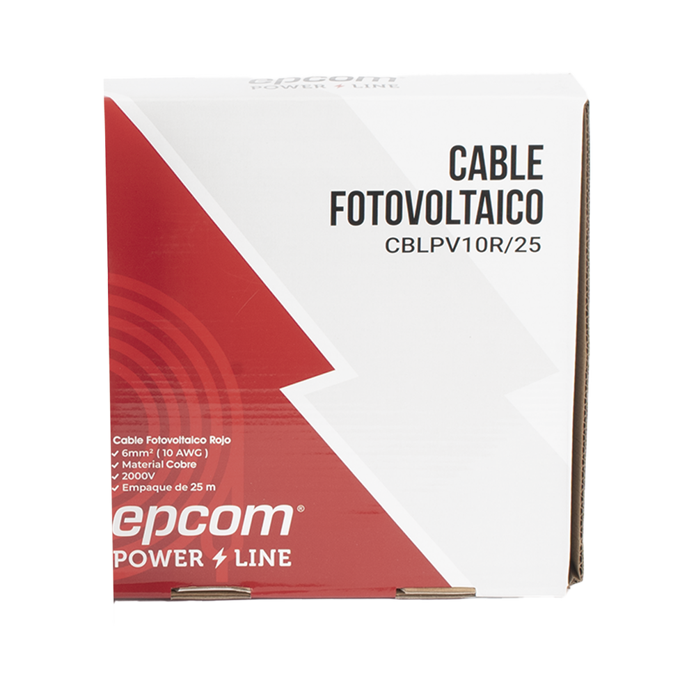Kit de 2 rollos de 25 metros de cable fotovoltaico de cobre, rojo y negro, calibre 10 AWG (6mm²), Tipo PV,  1000/2000 V y 120°C.