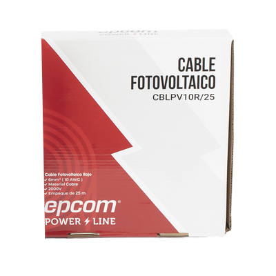 Kit de 2 rollos de 25 metros de cable fotovoltaico de cobre, rojo y negro, calibre 10 AWG (6mm²), Tipo PV,  1000/2000 V y 120°C.
