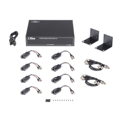 Kit de TRANSCEPTOR ACTIVO DE 8 CANALES / VIDEO+PODER en un solo Cable UTP / 150 metros en 4K, 200 metros en 5 MP/ Envía 36 Vcc y Recibe 12 Vcc / TODO INCLUIDO PARA RACK / Compatible con cámaras HD-TVI/CVI/AHD/CVBS / INSTALACIÓN LIMPIA