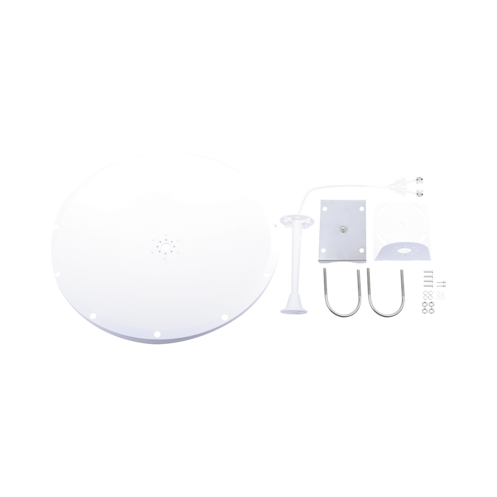 Kit de Antena y radomo, ganancia de  28 dBi, rango de frecuencia extendida (4.9 a 6.5 GHz), conectores SMA-macho inverso, incluye jumper, distancia de hasta 15 km