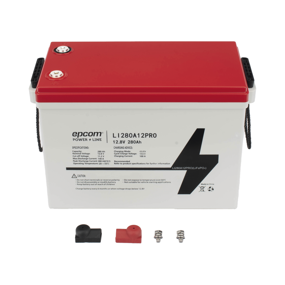 Batería de Litio Ciclo Profundo / 12.8 Vcc 280Ah (3.58 kWh) / LiFePO4 / 6000 Ciclos / Descarga 140A / Carga Rápida 100A / Solar y Marina / BMS con Corte a 11.2V