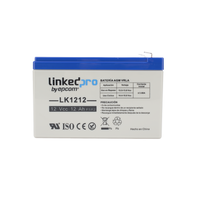 Batería 12 V / 12 Ah / UL / Tecnología AGM / Vida útil promedio de 5 años / Uso en equipo electrónico / Intrusión / Incendio/ Control de acceso / Video Vigilancia / Terminales F1 ( Incluye adaptador F2 )