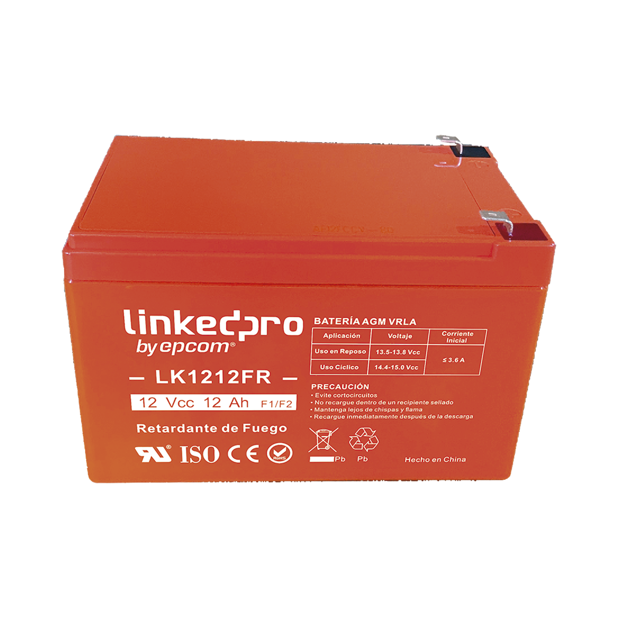 Batería de respaldo 12 V   | 12 Ah  |  AGM | Certificada UL94-V0 Retardante a la Flama  | Especial para Seguridad Electrónica | UPS  | Sistemas de Emergencia | Vida útil 5 años | Terminales F1  + Adaptador F2