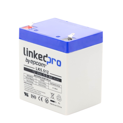 Batería 12 V / 5.5 Ah / UL / Vida útil promedio 5 años / Tecnología AGM / Para uso en equipo electrónico, Alarmas de Intrusión / Incendio/ Control de acceso / Video Vigilancia / Terminales F1 ( Incluye adaptador F