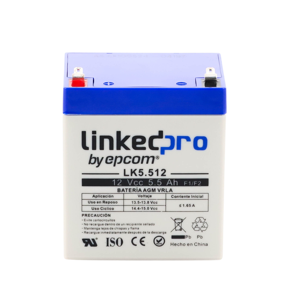 Batería de respaldo 12 V  |  5.5 Ah  |  AGM | Especial para Seguridad Electrónica | UPS | Sistemas de Emergencia  | Vida útil 5 años | Terminales F1  + Adaptador F2