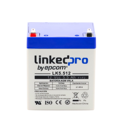 Batería 12 V / 5.5 Ah / UL / Vida útil promedio 5 años / Tecnología AGM / Para uso en equipo electrónico, Alarmas de Intrusión / Incendio/ Control de acceso / Video Vigilancia / Terminales F1 ( Incluye adaptador F