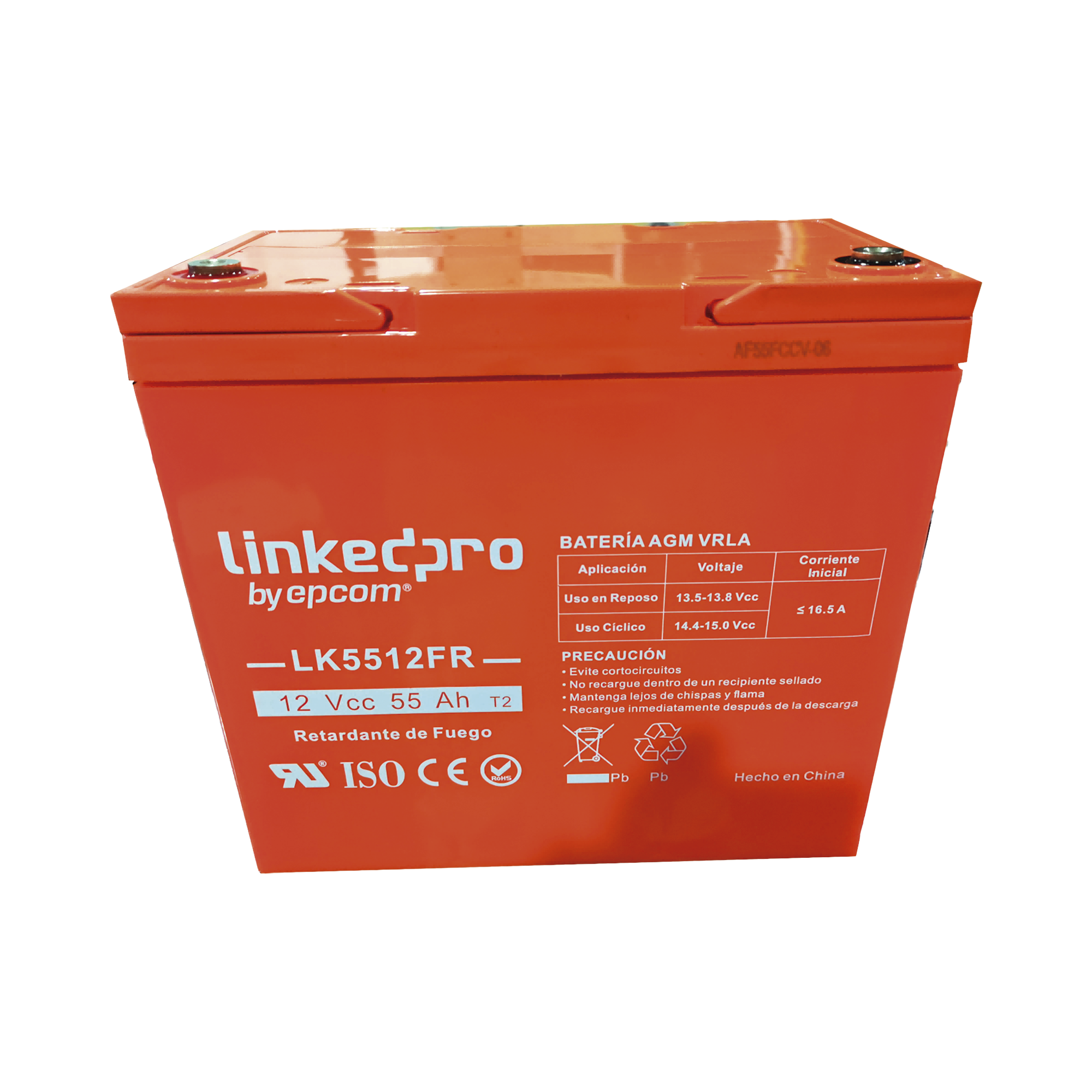 Batería de respaldo  12 V | 55 Ah | AGM | Certificada UL94-V0 Retardante a la Flama | Especial para Seguridad Electrónica | UPS  | Sistemas de emergencia | Vida útil 5 años | Terminales T2