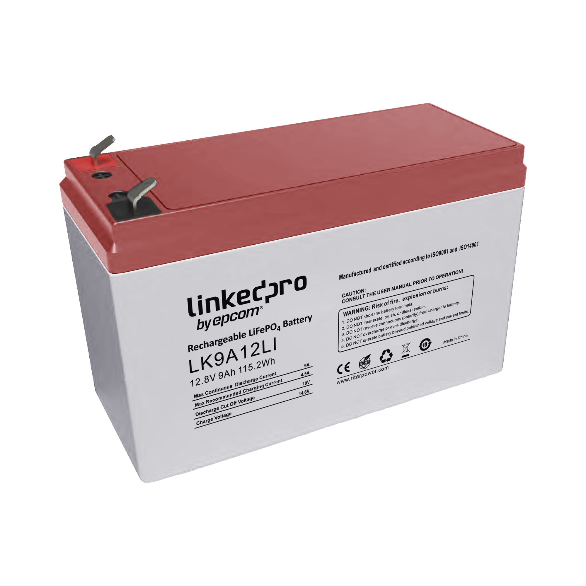 Batería de Litio 12.8 Vcc / 9 Ah / Tecnología LiFePO4 /2000 Ciclos de Vida/ Para uso en equipo electrónico, UPS (litio) / Incendio/ Control de acceso / Video Vigilancia / Terminales F1 ( Incluye adaptador para terminal F2 )