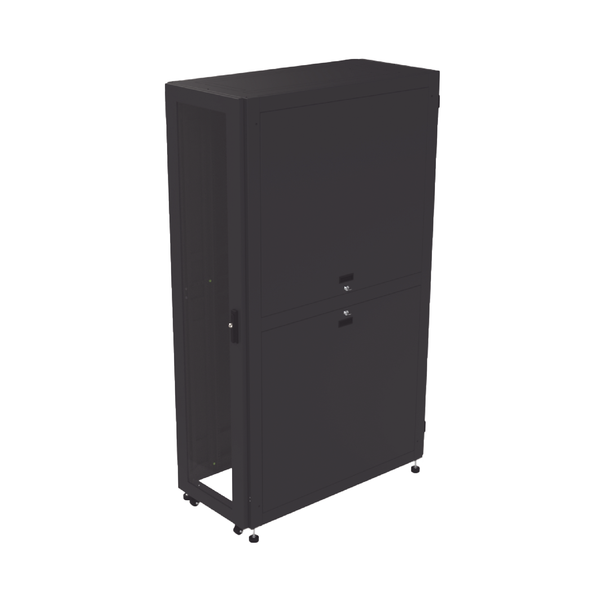 Gabinete Profesional para Telecomunicaciones de 45UR, 1200 mm Profundidad, Incluye 2 Organizadores Verticales de 45 Unidades de Rack, Se envía el Gabinete Armado.