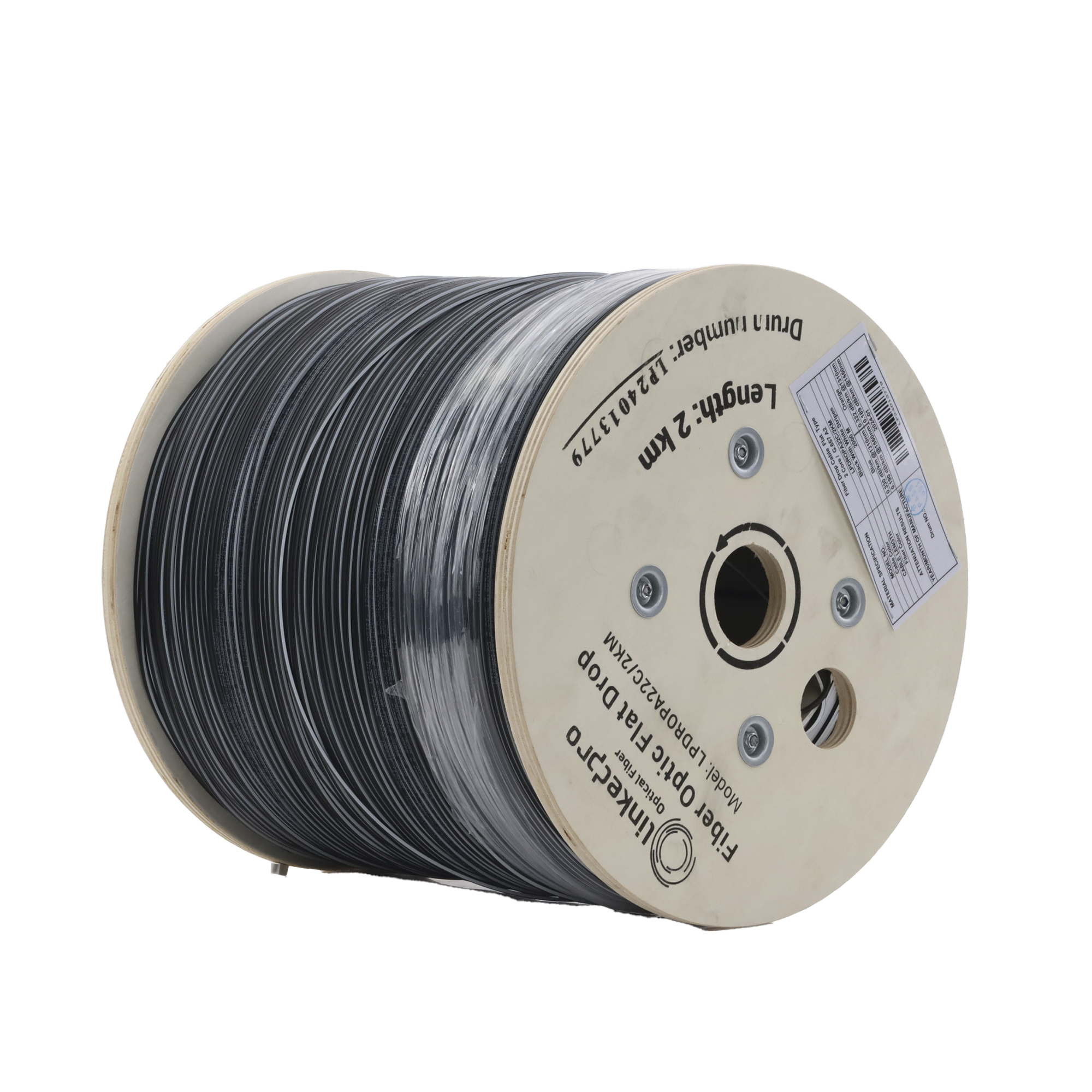Carrete de 2 km de Fibra Óptica Drop Plana, Interior/Exterior G.657A2 Monomodo de 2 Hilos (Bifibra), Dieléctrica, Forro Negro, (No Soporta Conectores Mecánicos)