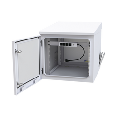 Gabinete PROFUNDO hasta 705 mm  de profundidad, de Exterior de 9UR con Ventiladores y Termostato, Se envía el Gabinete Armado, (Montaje a poste o torre se vende por separado).