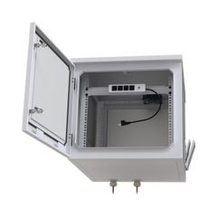 Gabinete PROFUNDO hasta 705 mm  de profundidad, de Exterior de 9UR con Ventiladores y Termostato, Se envía el Gabinete Armado, (Montaje a poste o torre se vende por separado).