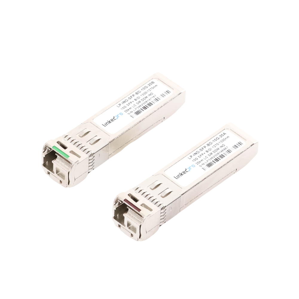 Transceptores Ópticos Industriales Bidireccionales SFP+ (Mini-Gbic) / Monomodo 1270 & 1330 nm / 10 Gbps / 10GBASE / Conector LC/UPC Simplex / DDM / Hasta 20 km / 2 Piezas