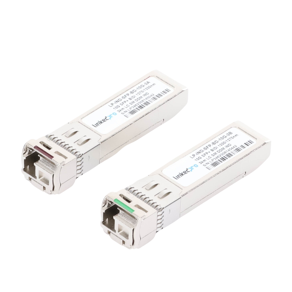 Transceptores Ópticos Industriales Bidireccionales SFP+ (Mini-Gbic) / Monomodo 1270 & 1330 nm / 10 Gbps / 10GBASE / Conector LC/UPC Simplex / DDM / Hasta 3 km / 2 Piezas