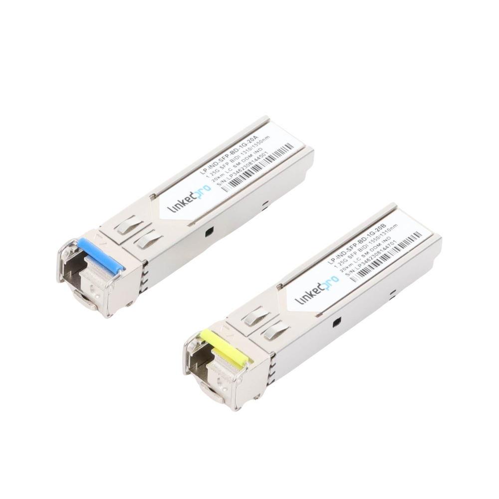 Transceptores Ópticos Industriales Bidireccionales SFP (Mini-Gbic) / Monomodo 1310 & 1550 nm / 1.25 Gbps / 1000BASE-BX / Conector LC/UPC Simplex / DDM / Hasta 20 km / 2 Piezas