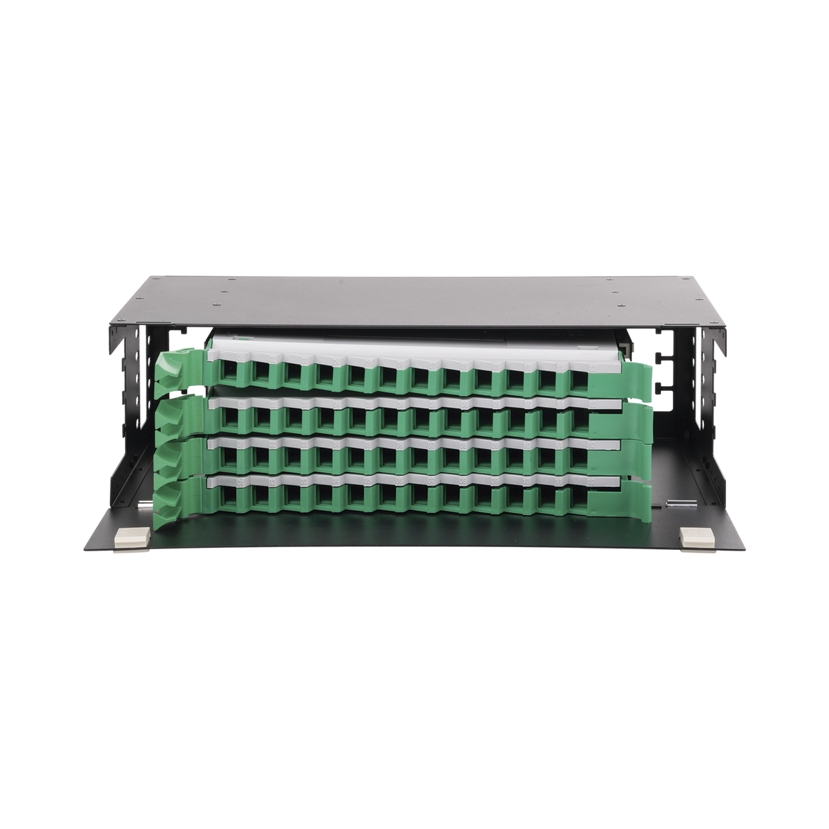 Distribuidor de Fibra Óptica con Bandejas Deslizables, Vacío, 19 Pulgadas (48.26 cm), Acepta 48 Adaptadores LC Duplex o LC Simplex o 48 SC Simplex, 3U