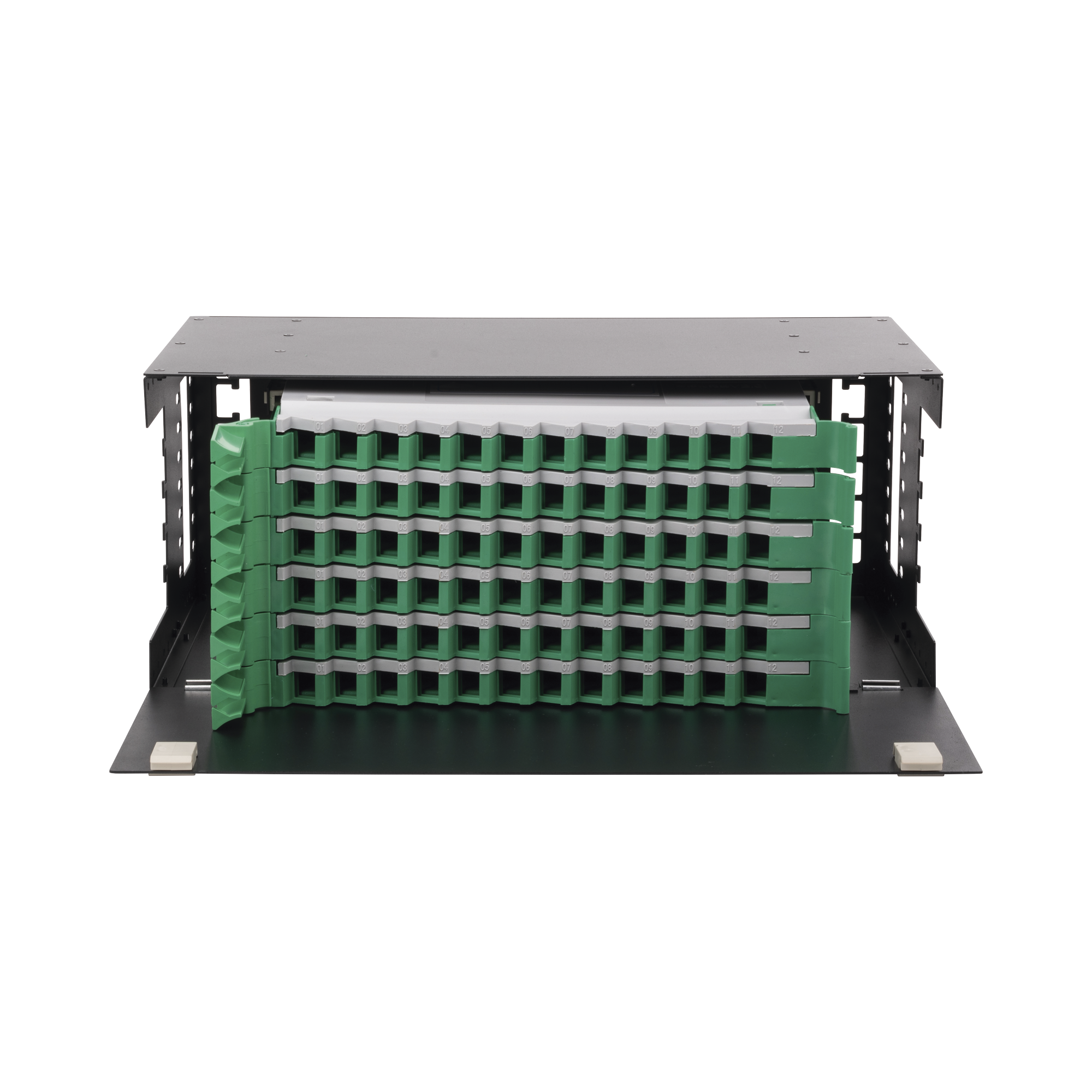 Distribuidor de Fibra Óptica con Bandejas Deslizables, Vacío, 19 Pulgadas, Acepta 72 Adaptadores LC Duplex o LC Simplex o 72 SC Simplex, 4U