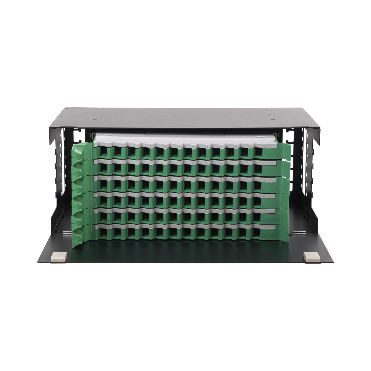 Distribuidor de Fibra Óptica con Bandejas Deslizables, Vacío, 19 Pulgadas, Acepta 72 Adaptadores LC Duplex o LC Simplex o 72 SC Simplex, 4U