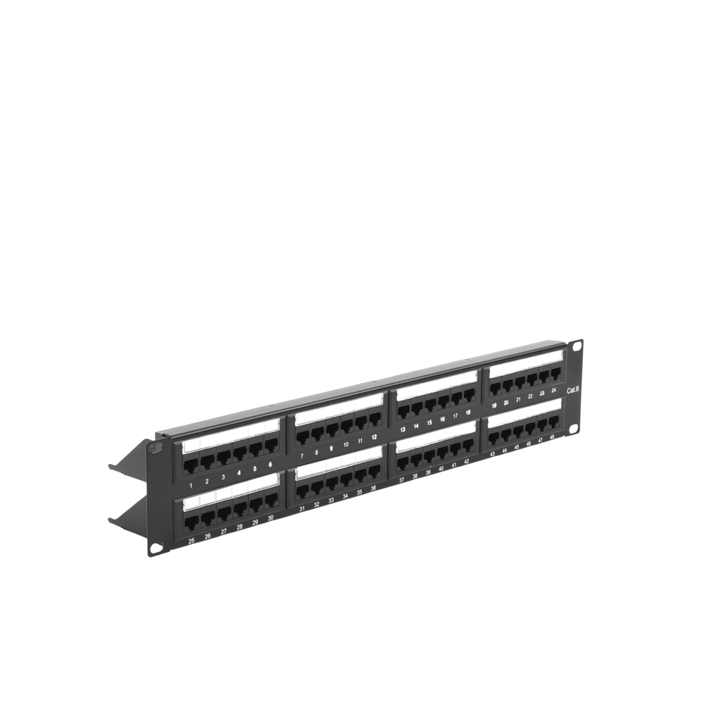 Panel de Parcheo de Impacto (110) UTP de 48 Puertos Cat6, 19 Pulgadas (48.26 cm), 2U, con Barra para Organizar Cable