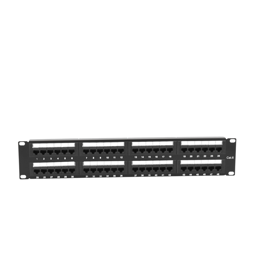 Panel de Parcheo de Impacto (110) UTP de 48 Puertos Cat6, 19 Pulgadas (48.26 cm), 2U, con Barra para Organizar Cable