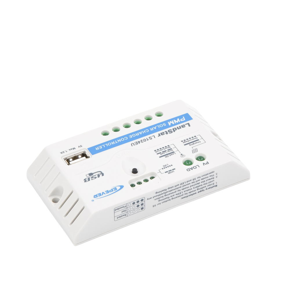 Controlador Solar PWM / 10A / 12/24V / Puerto USB / Indicadores LED / Tierra Positivo Común